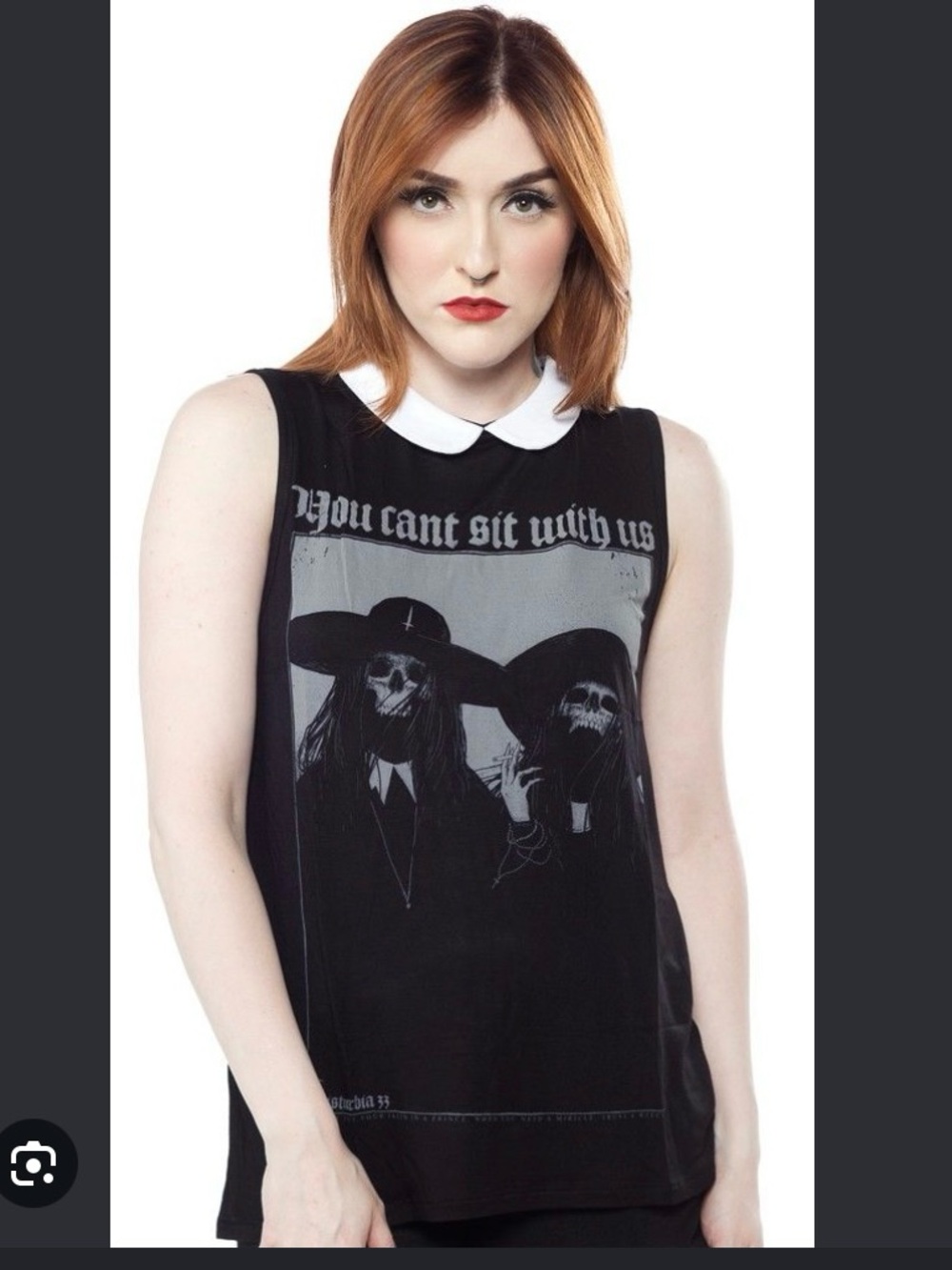 Distrurbia Black Goth Sleeveless Shirt with White Peter Pan Collar Wednesday